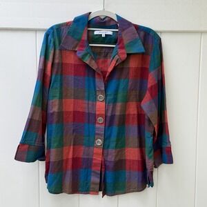 Foxcroft Womens Shirt 16P Petite 16 Plaid Button Up Shaped Fit Artsy Multicolor